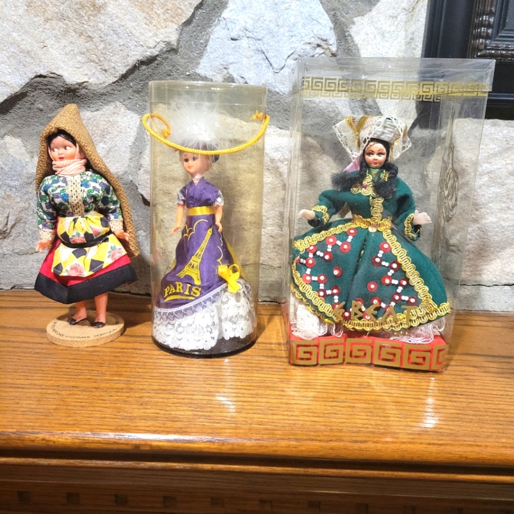 3 Vintage Souvenir Dolls Portugal, Paris, Turkey